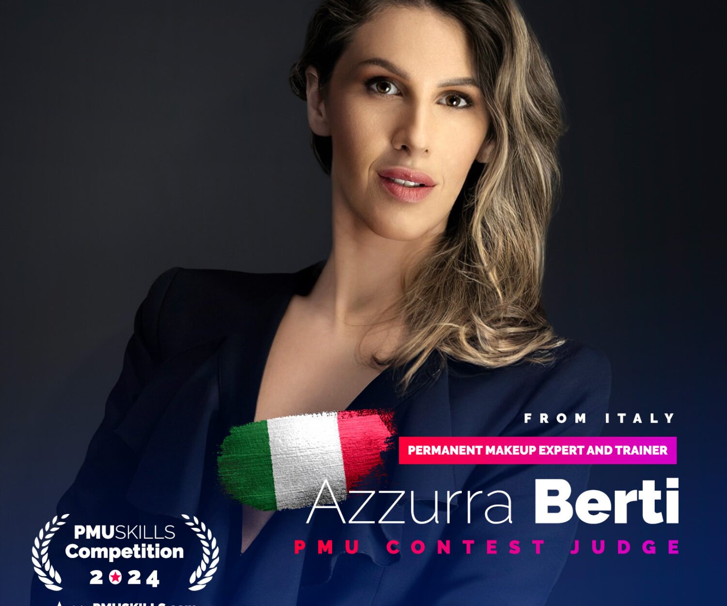 Azzurra Berti at a PMU championship, showcasing her expertise and leadership in the permanent makeup industry