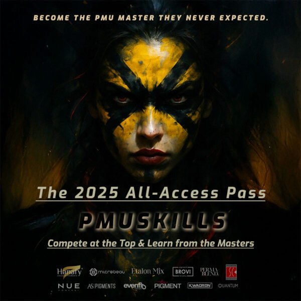 Una professionista PMU con un trucco artistico giallo e nero in stile "warrior-artist", immagine simbolo del PMUSkills All-Access Pass 2025